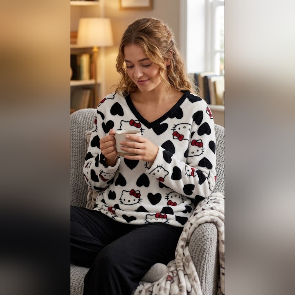 ​✨ Hello Kitty Plush Fleece V-Neck Sweater Top Heart Pattern Black White XL ✨